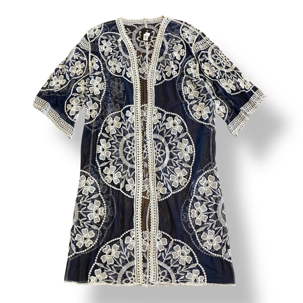 Janice Apparel NWT Vintage Style Navy Blue‎ Embroidered Lace Kimono OS Boho